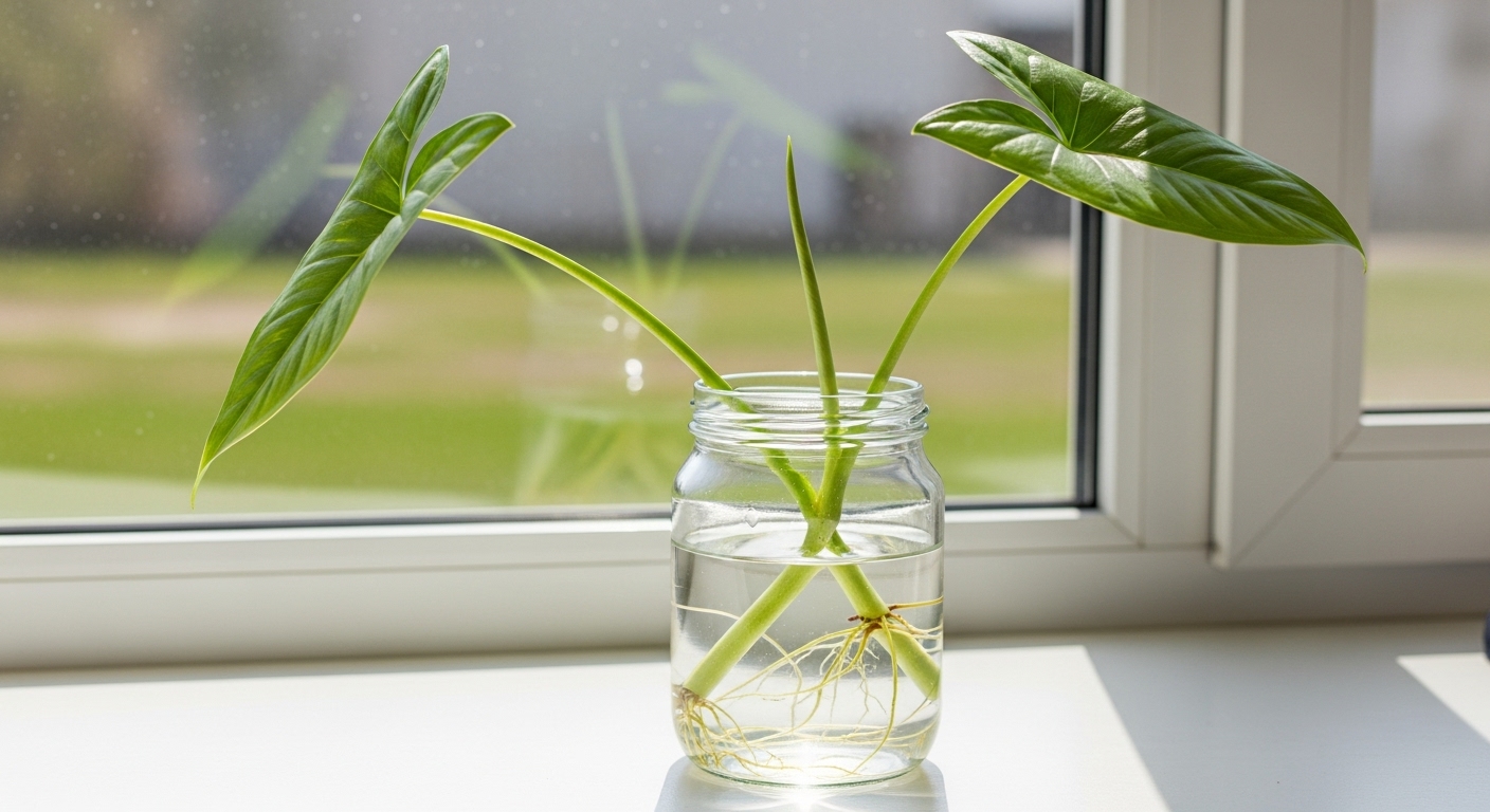 Arrowhead plant cutting with two leaves placed in a clear glass jar of water on a windowsill