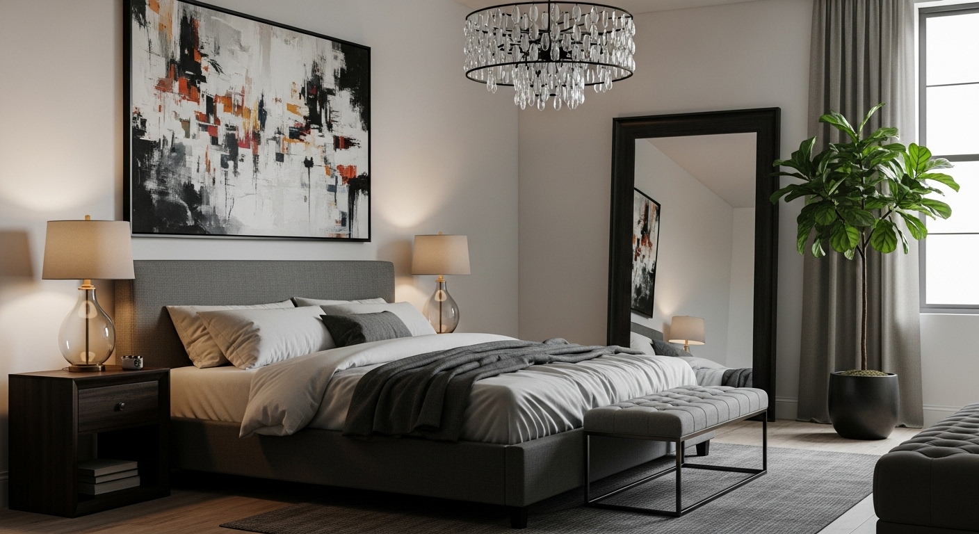 A large modern bedroom with oversized wall art, a giant mirror, and tall indoor plants for bold decor.