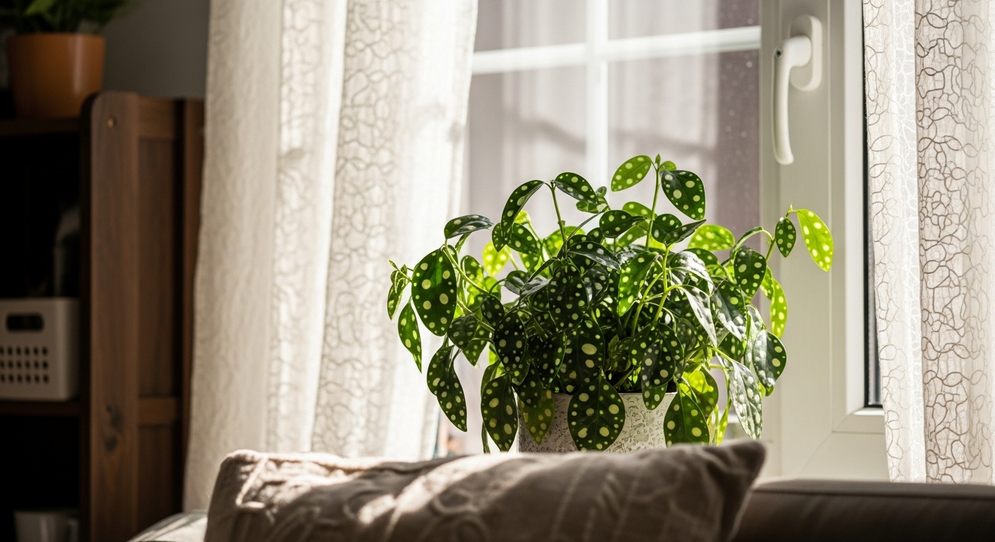 Polka dot plant placed near a bright window with soft, diffused sunlight filtering through sheer curtains