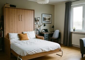 A stylish modern Murphy bed folded up into a sleek wooden wall cabinet in a small cozy home office, showcasing a practical space-saving DIY design.