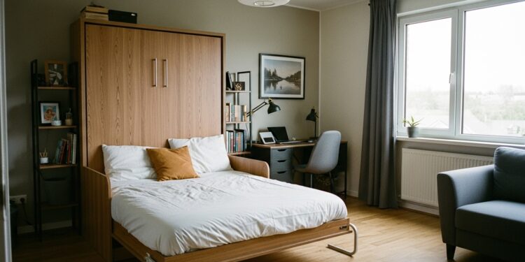 A stylish modern Murphy bed folded up into a sleek wooden wall cabinet in a small cozy home office, showcasing a practical space-saving DIY design.