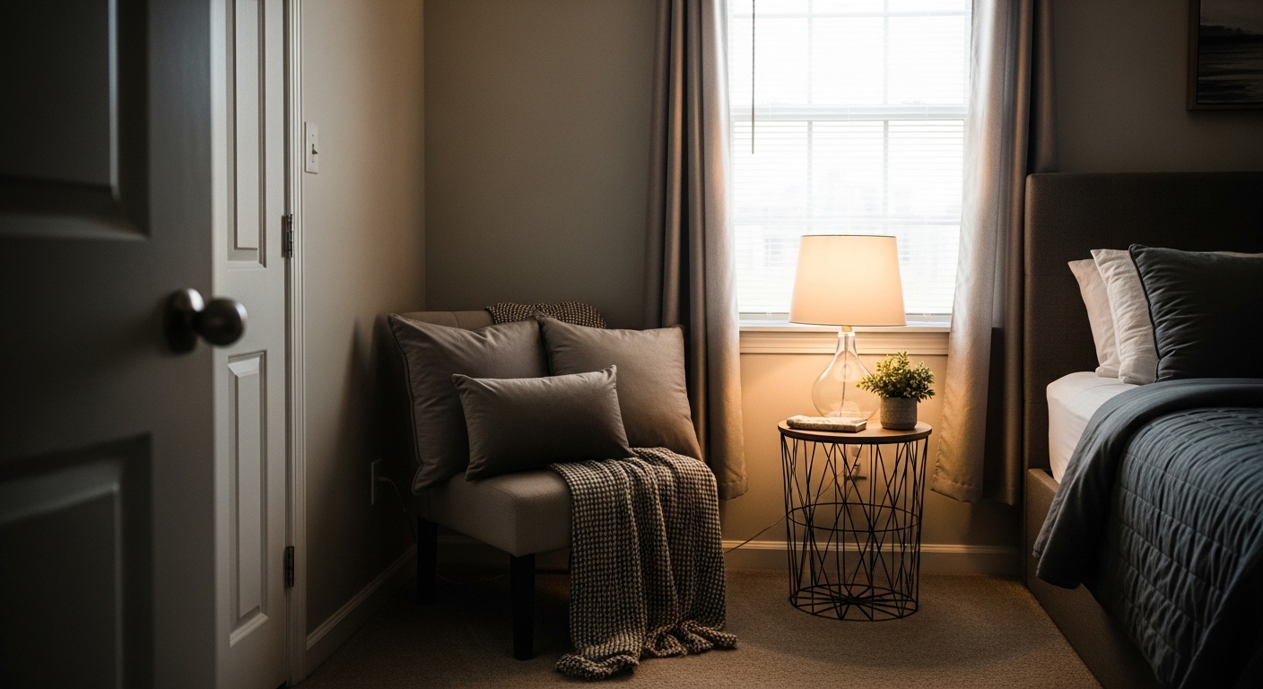 Bedroom with a cozy sitting nook featuring floor pillows, a small side table, and soft ambient lighting beside a wall.