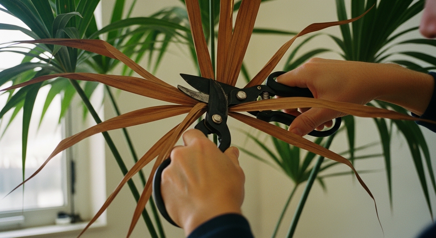 Close-up of a hand pruning brown fronds of a majesty palm with sharp pruners