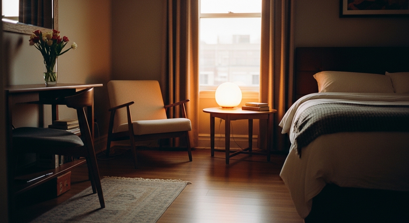 A spacious bedroom corner with a cozy reading nook featuring a plush chair, small round table, and a warm reading lamp.
