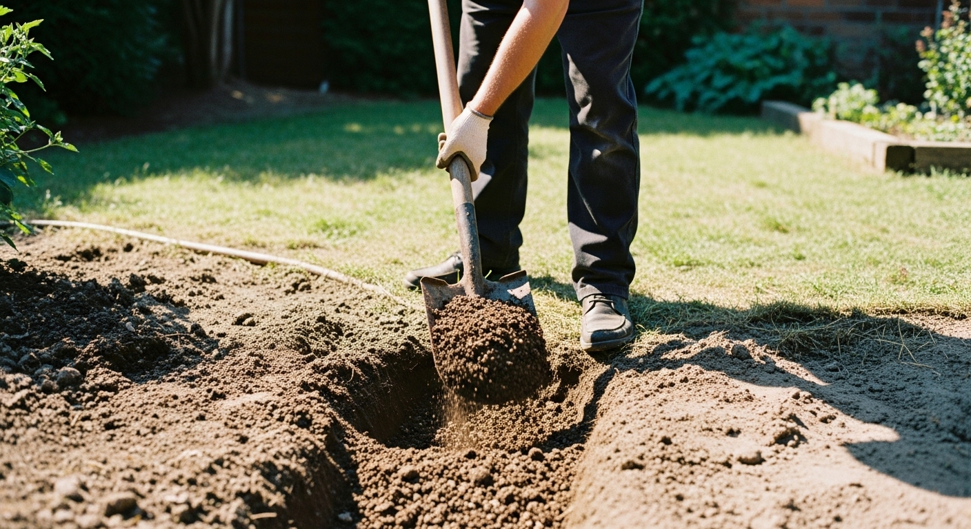 Close-up of a gardener fixing bad soil by mixing sand, gravel, and compost in a backyard garden bed