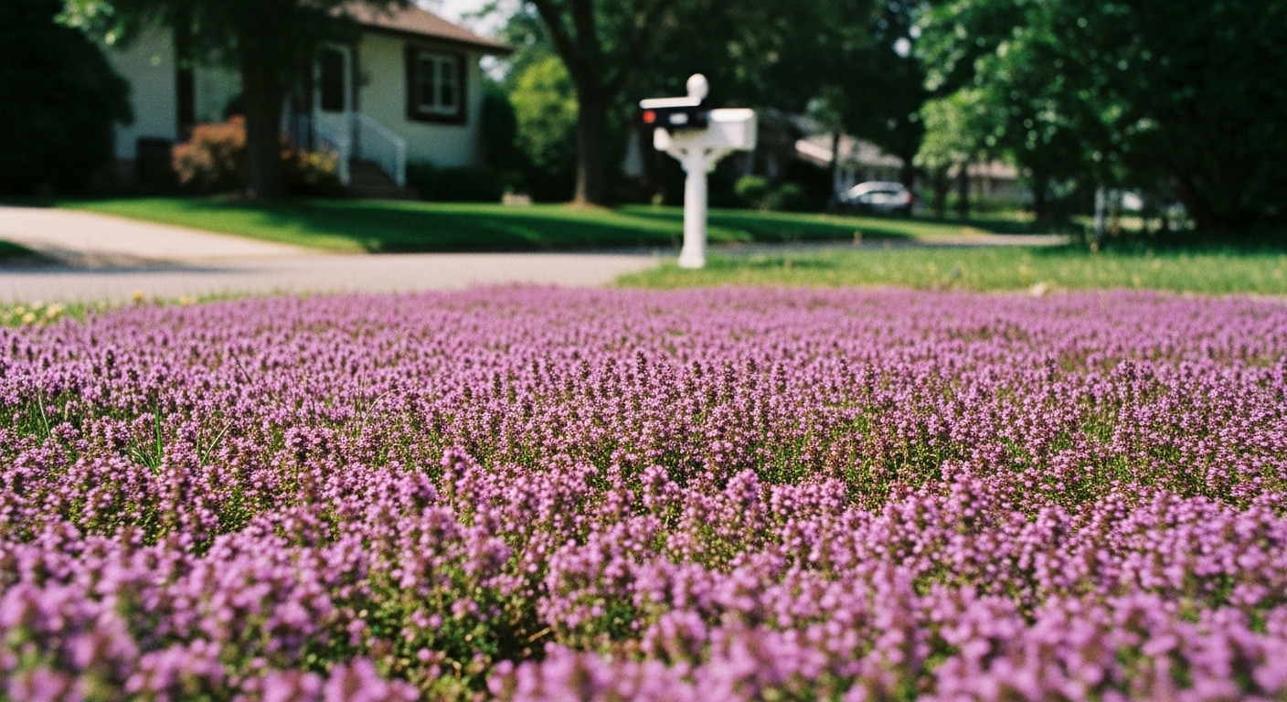 A lush front yard covered with blooming creeping thyme, replacing traditional grass and glowing in summer sunlight.