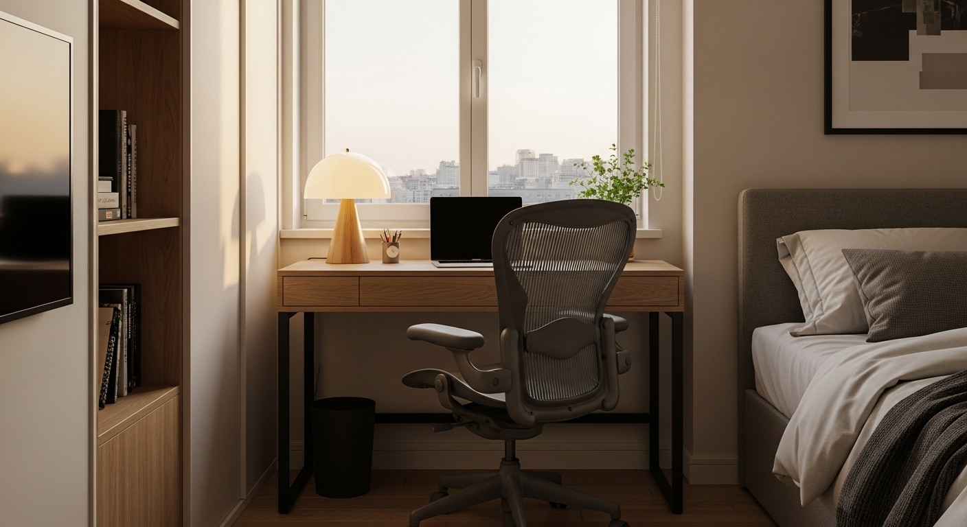 Compact home office setup in a bedroom corner with a small desk, chair, and study lamp.