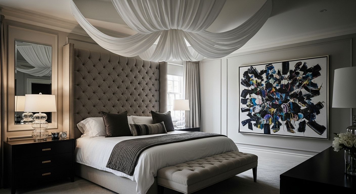  Large master bedroom featuring an oversized upholstered headboard, a dramatic ceiling drape, and bold statement artwork for luxury home decor