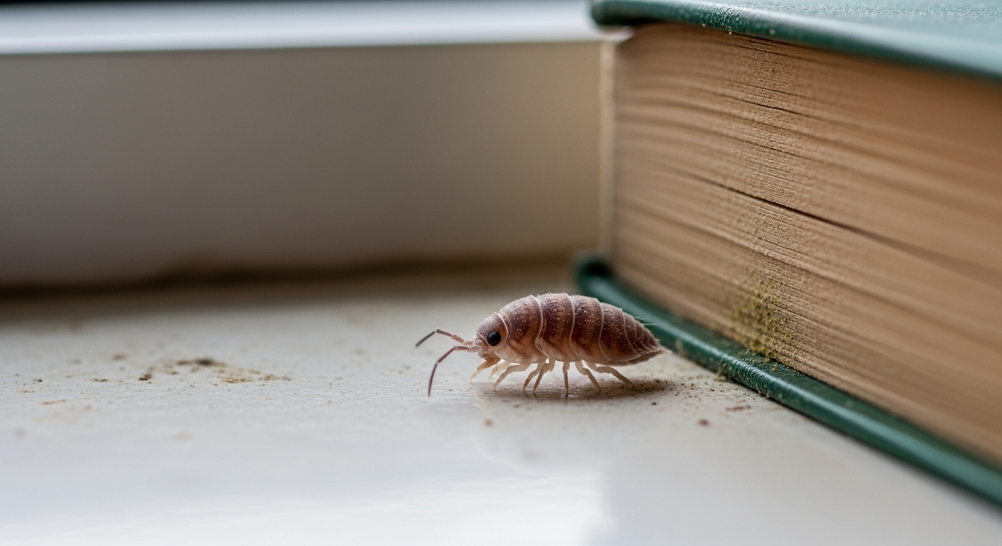 Tiny pale booklouse near moldy book, typically found in humid areas unlike bed bugs.