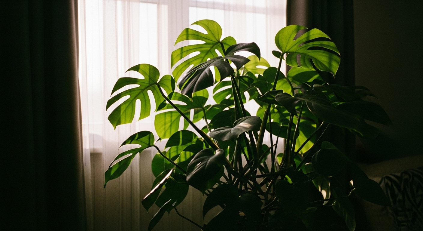 Swiss cheese plant (Monstera adansonii) thriving in indirect natural light near a bright indoor window, avoiding harsh sunlight.