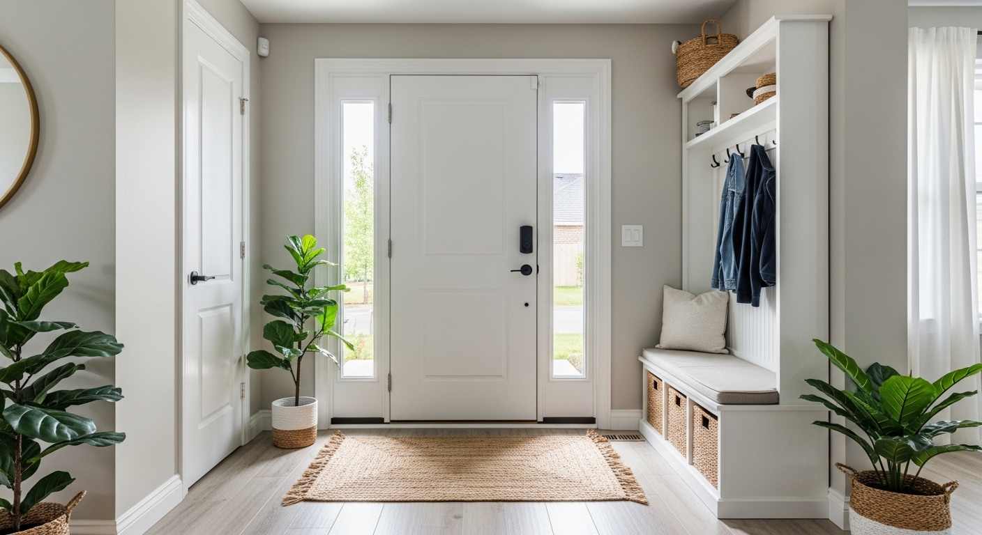 Modern entryway featuring a small area rug and simple decor for a welcoming home entrance.