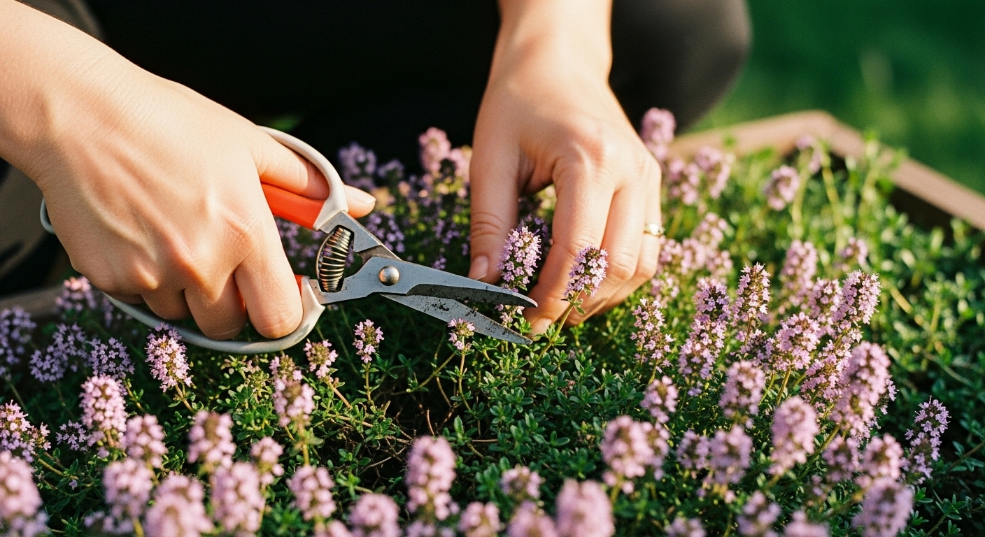 Person gently pruning blooming creeping thyme with garden shears in a summer garden to promote fuller growth
