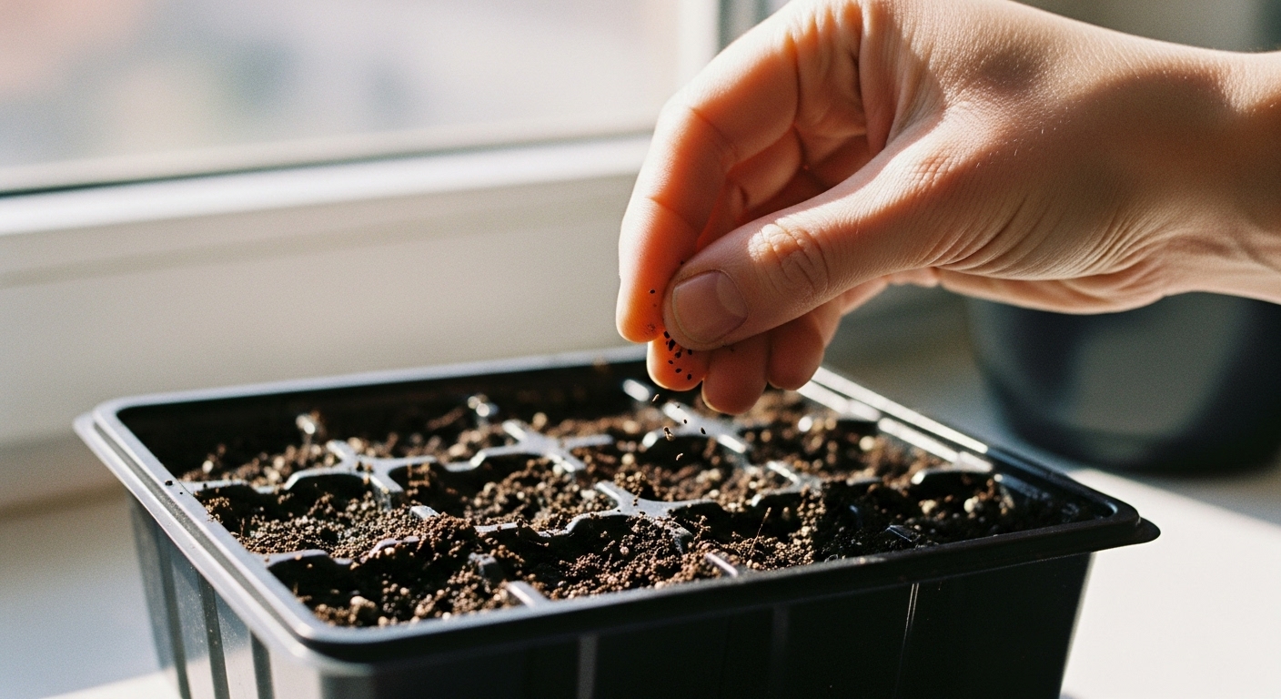 Close-up of tiny creeping thyme seeds in a gardener’s hand next to planting trays with soil.