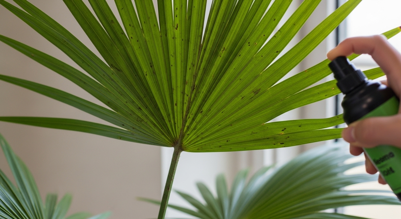 Close-up of Majesty palm leaves with pest infestation being treated with neem oil
