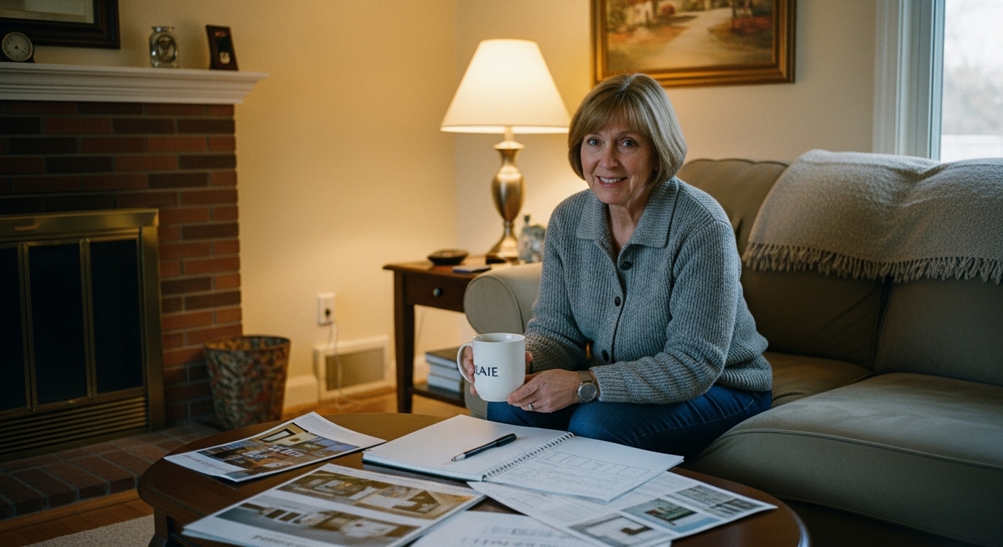 A thoughtful homeowner with a notebook, sitting in a cozy ranch-style living room, planning renovation goals for interior and exterior upgrades