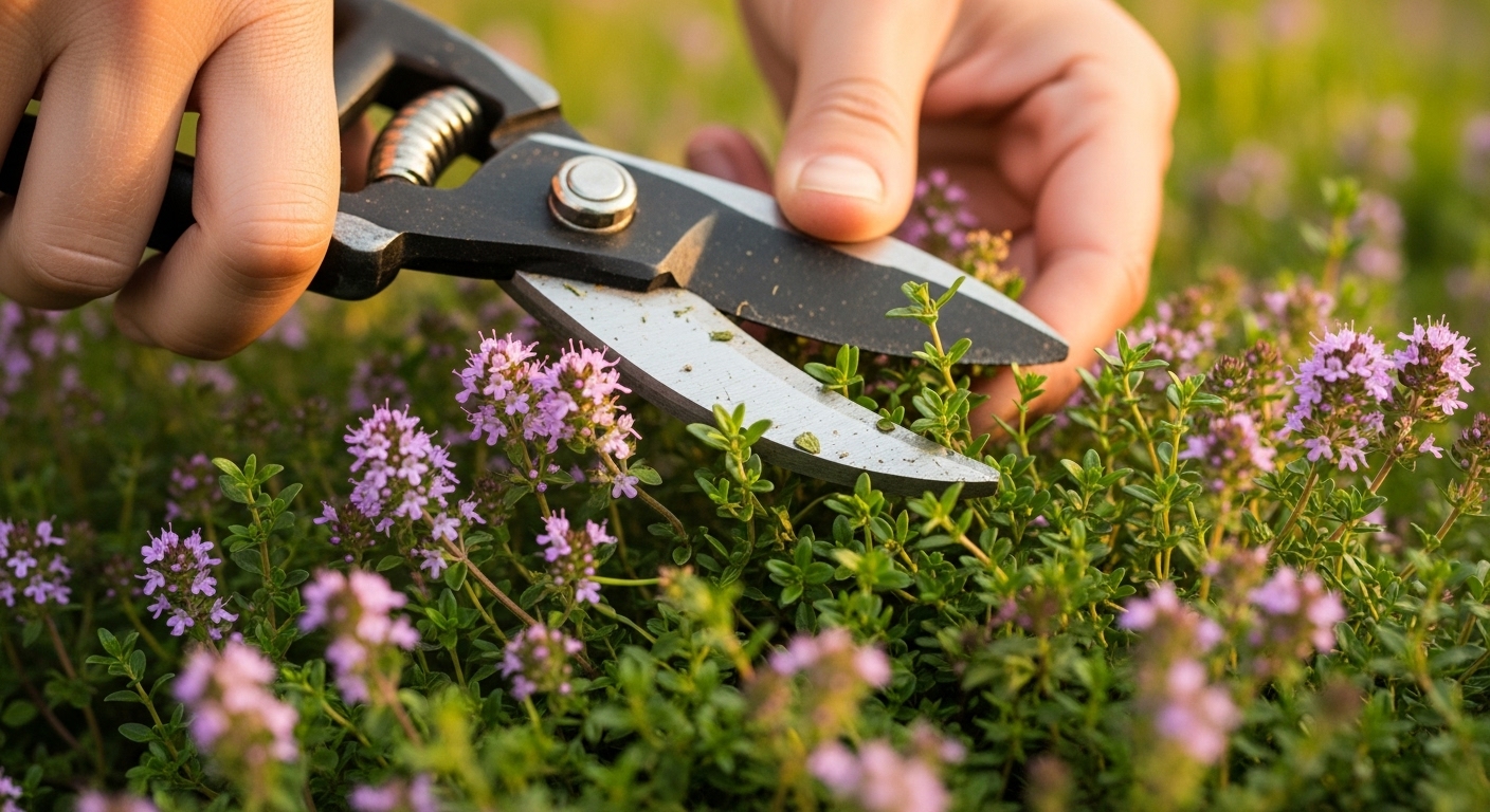 Garden shears cutting back creeping thyme in summer after flowering to encourage denser regrowth