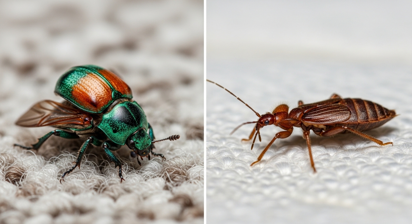 Photo showing round-shaped flying carpet beetle and elongated wingless bed bug on fabric