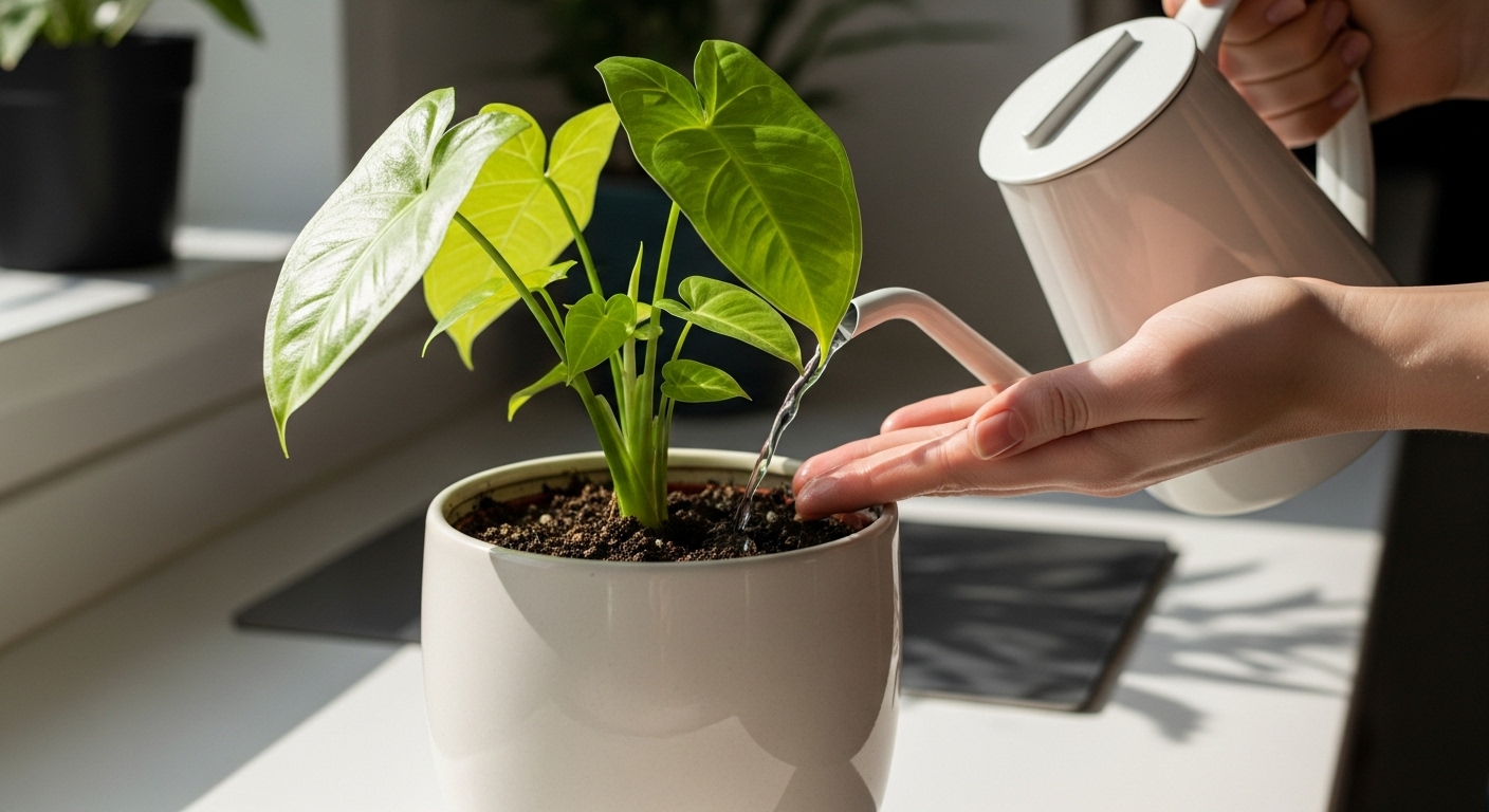 Hand watering an Arrowhead plant in a pot, ensuring soil remains moist but not soggy”