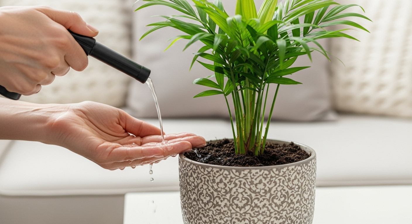 Person watering majesty palm with a watering can, checking soil moisture