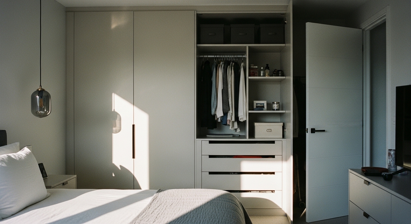 Bedroom showcasing custom-built wardrobes and vertical storage for maximizing floor space and reducing clutter.