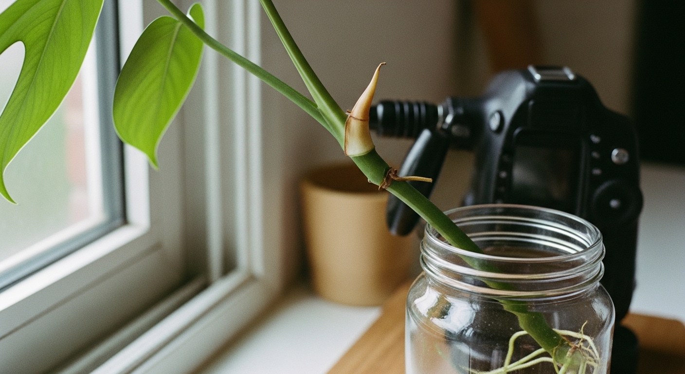 A monstera stem cutting placed in a glass jar filled with water, starting to grow roots on a windowsill.