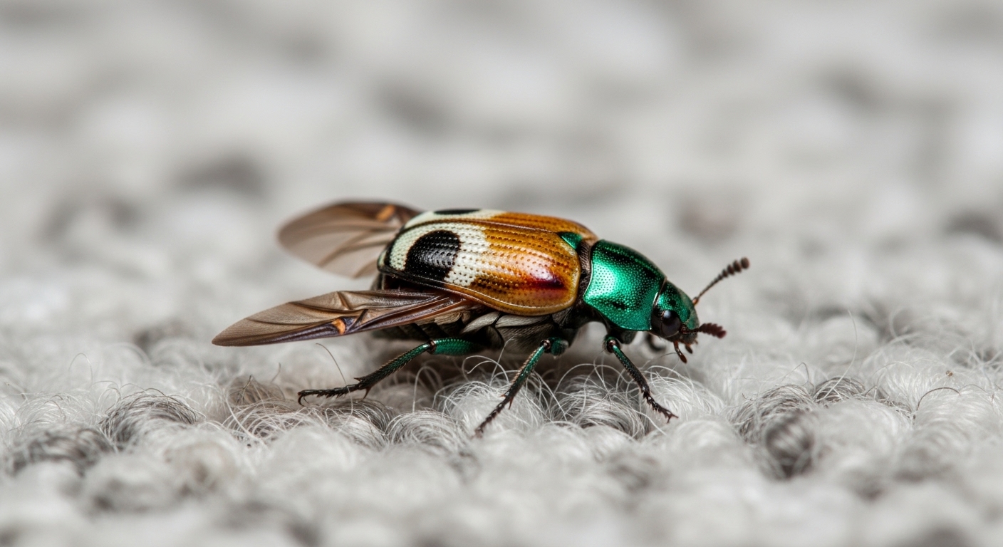 Small flying carpet beetle with patterned wings on household carpet, often confused with bed bugs.