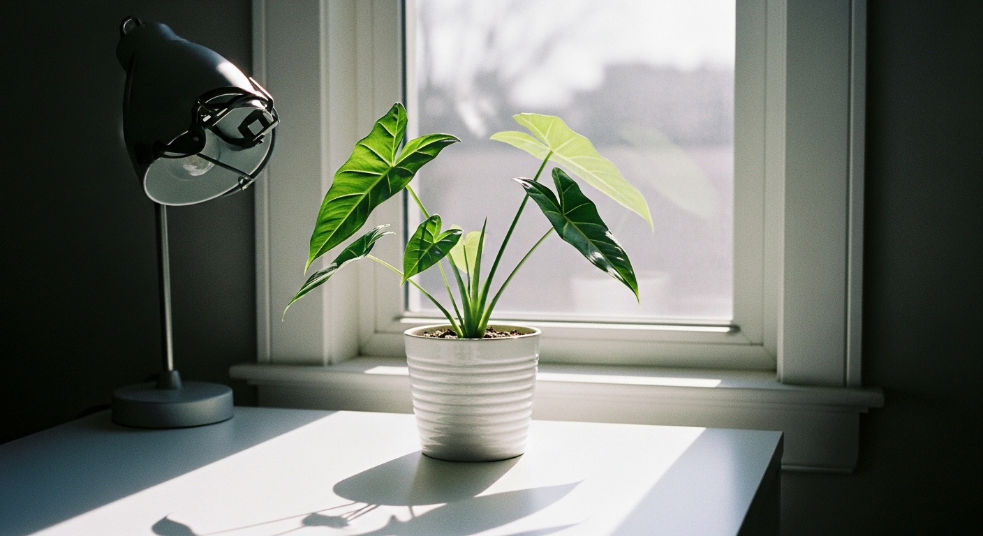 Easy-care arrowhead plant in a stylish white ceramic pot on a minimalist desk, perfect for busy people seeking low-maintenance indoor greenery