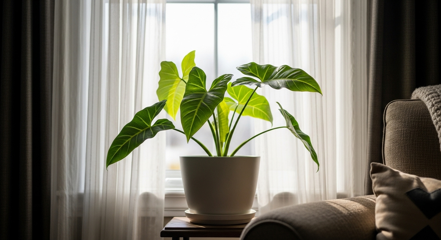 Arrowhead plant placed near a window with bright indirect light showing healthy vibrant foliage”