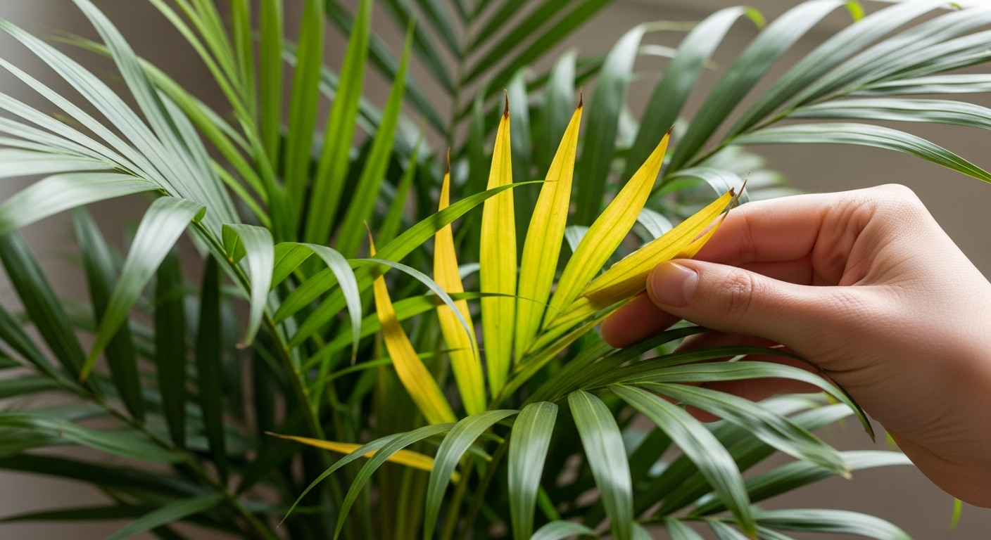 Majesty palm with some yellowing leaves in need of care

