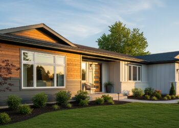 A stunning, modern ranch house exterior showcasing a dramatic remodel with clean lines, new paint, updated landscaping, and a welcoming entryway, hinting at a before-and-after transformation.