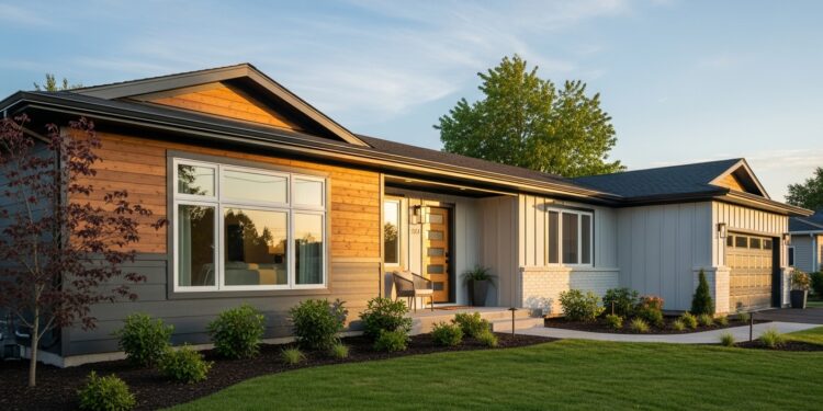 A stunning, modern ranch house exterior showcasing a dramatic remodel with clean lines, new paint, updated landscaping, and a welcoming entryway, hinting at a before-and-after transformation.