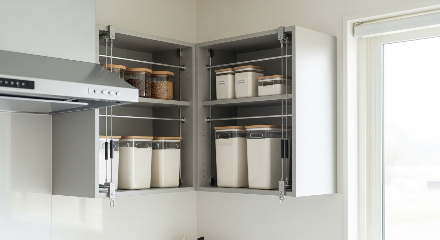 lever use of tension rods in a kitchen cabinet to create adjustable upper shelving for extra storage space