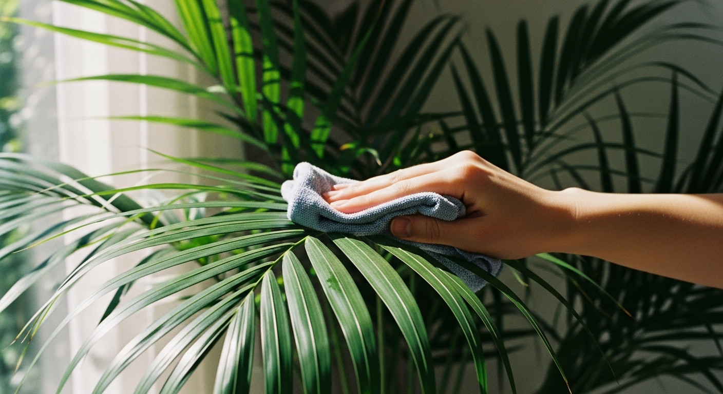 Wiping majesty palm leaves with a damp cloth to remove dust indoors