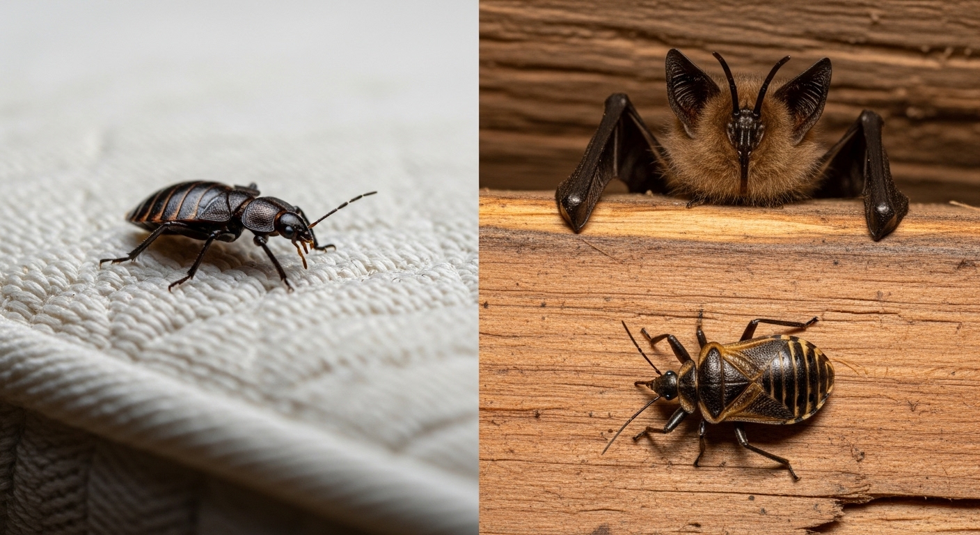 Side-by-side photo showing a bed bug in a bedroom and a bat bug near a bat roosting area