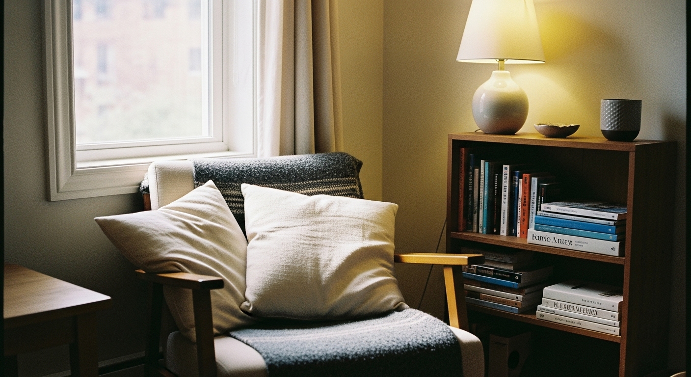 Small reading nook with a plush chair, soft throw blanket, bookshelf, and a window bringing in natural light, ideal for relaxing with a book.