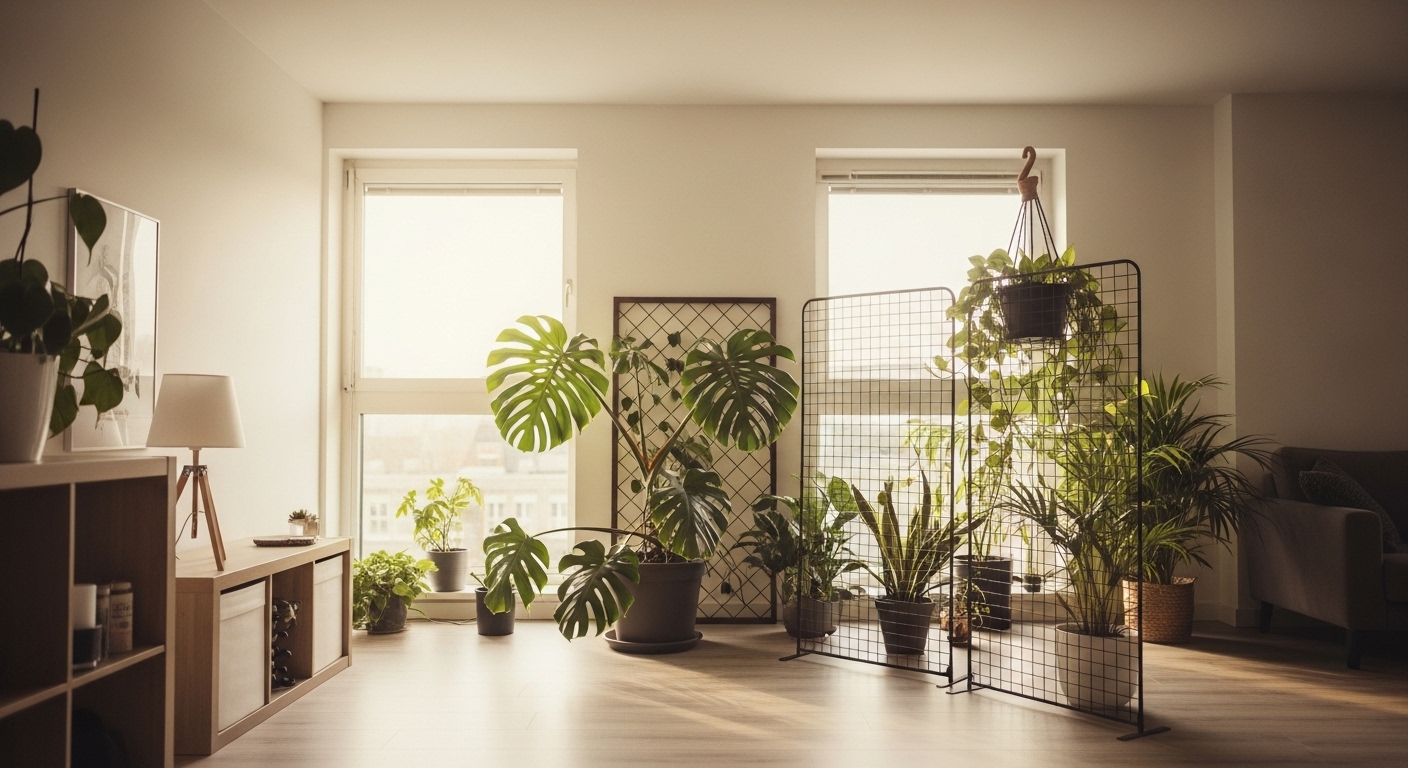 Indoor plants styled in a modern home as corner decorations and natural space dividers using trellises.