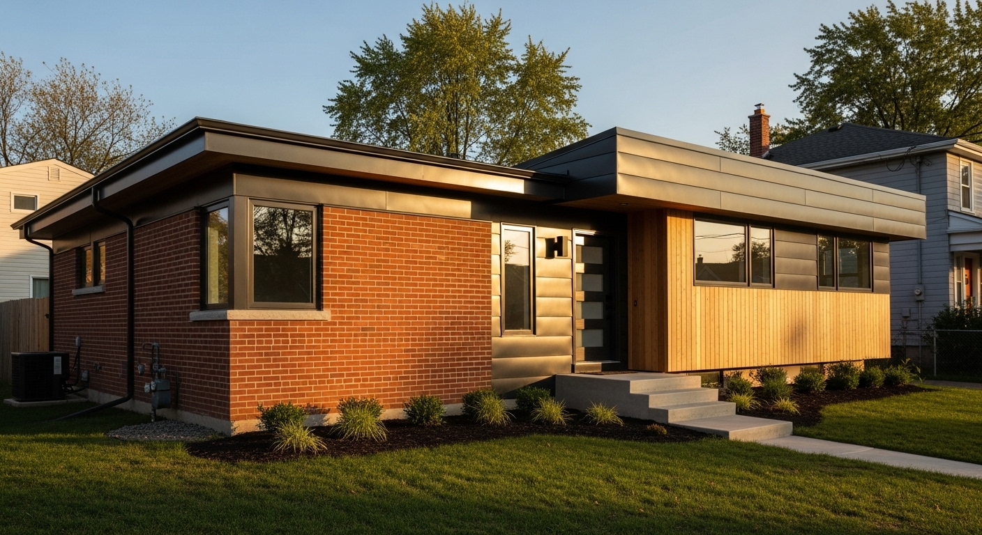 Ranch-style house exterior featuring a mix of classic brick, wooden siding, and modern metal panels