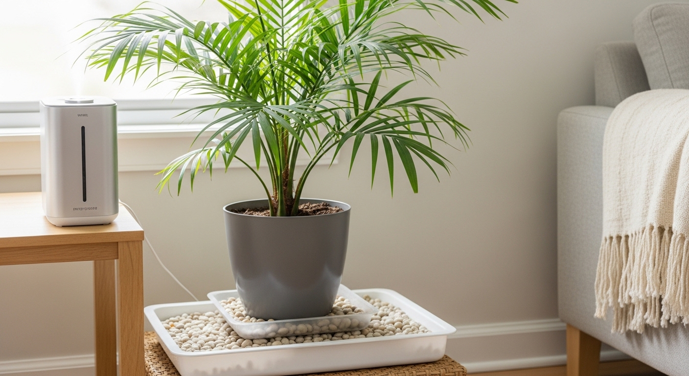 Majesty palm with a humidifier and pebble humidity tray nearby indoors

