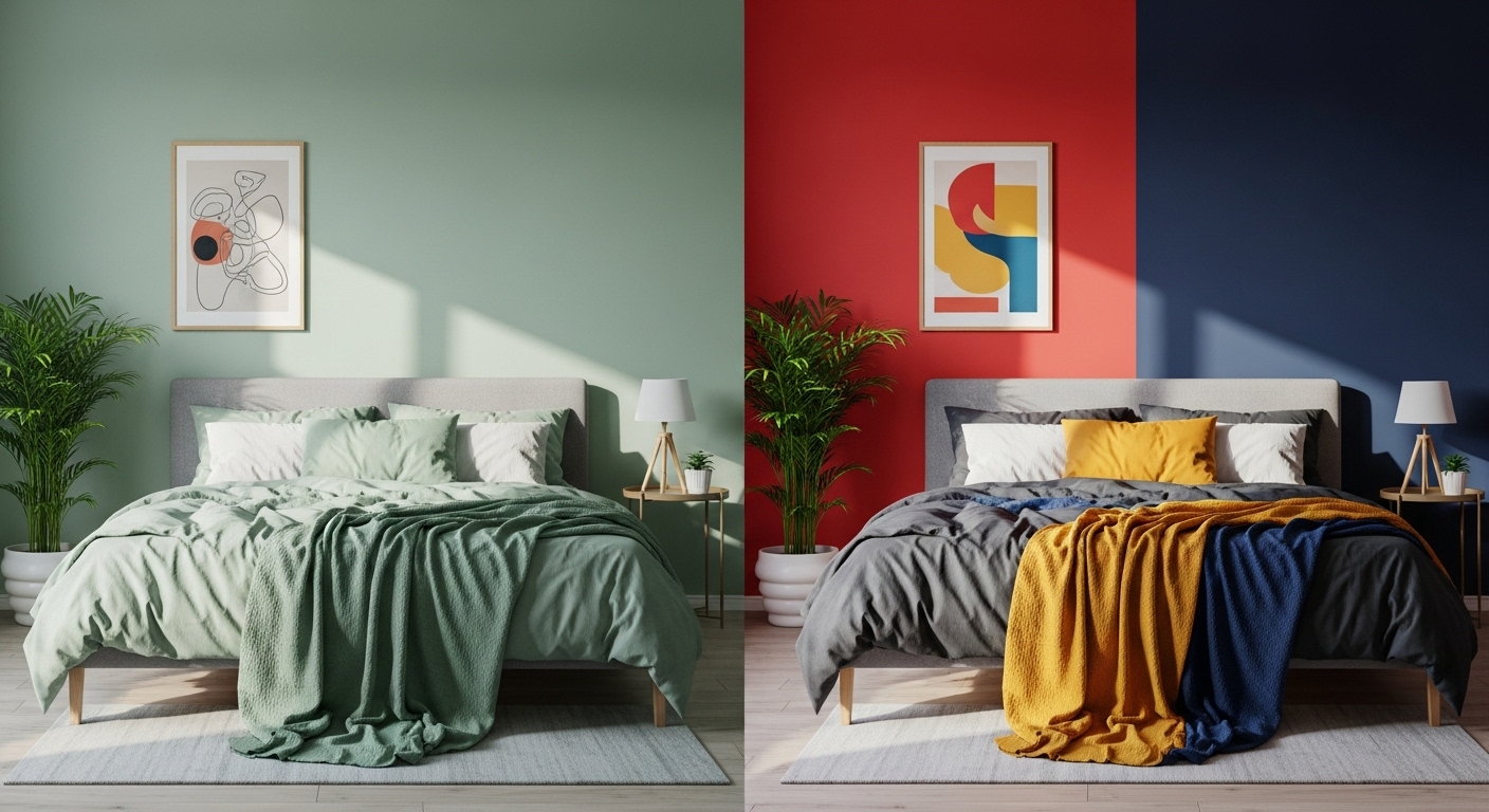 Modern spacious bedroom showcasing both calming green tones and bold vibrant colors for mood-enhancing home decor