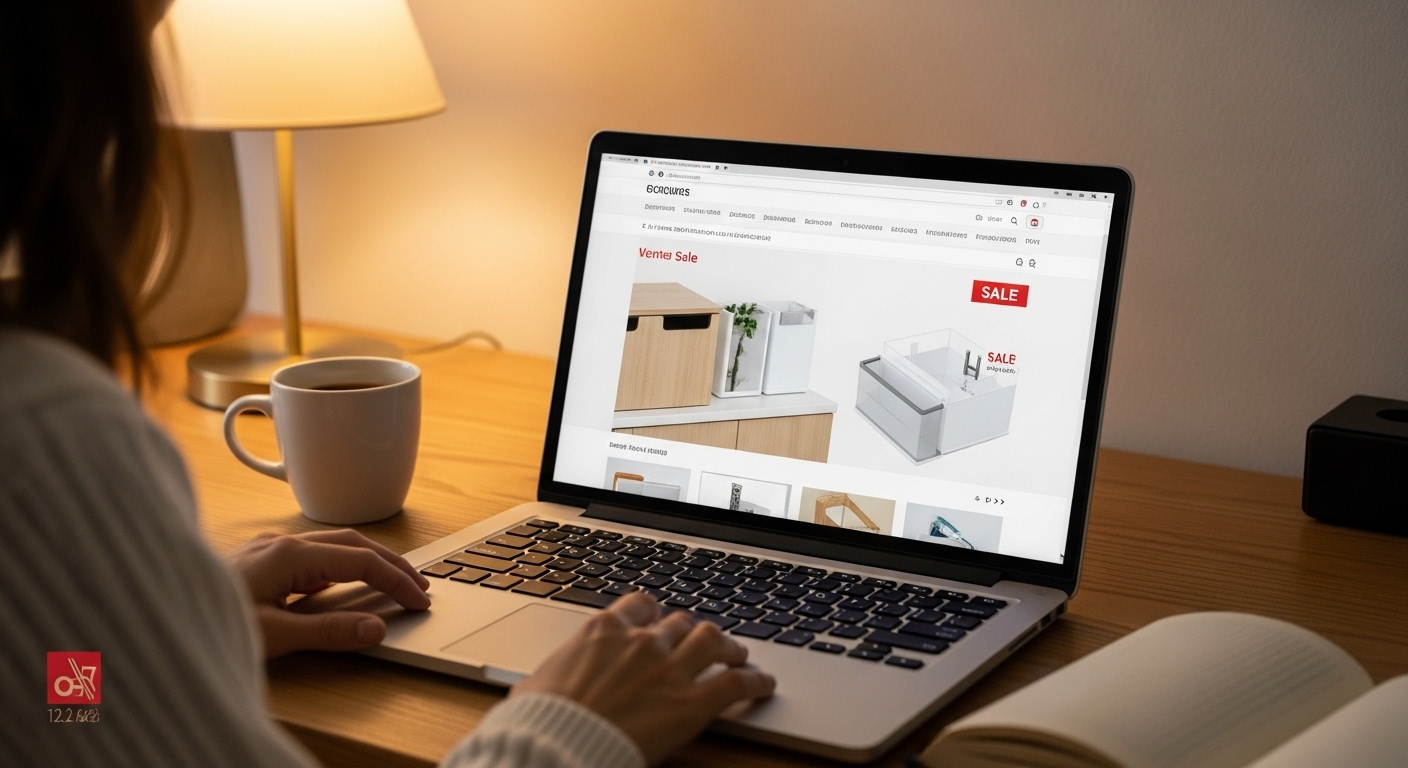 Online sale page showing discounted kitchen cabinet organizers and accessories