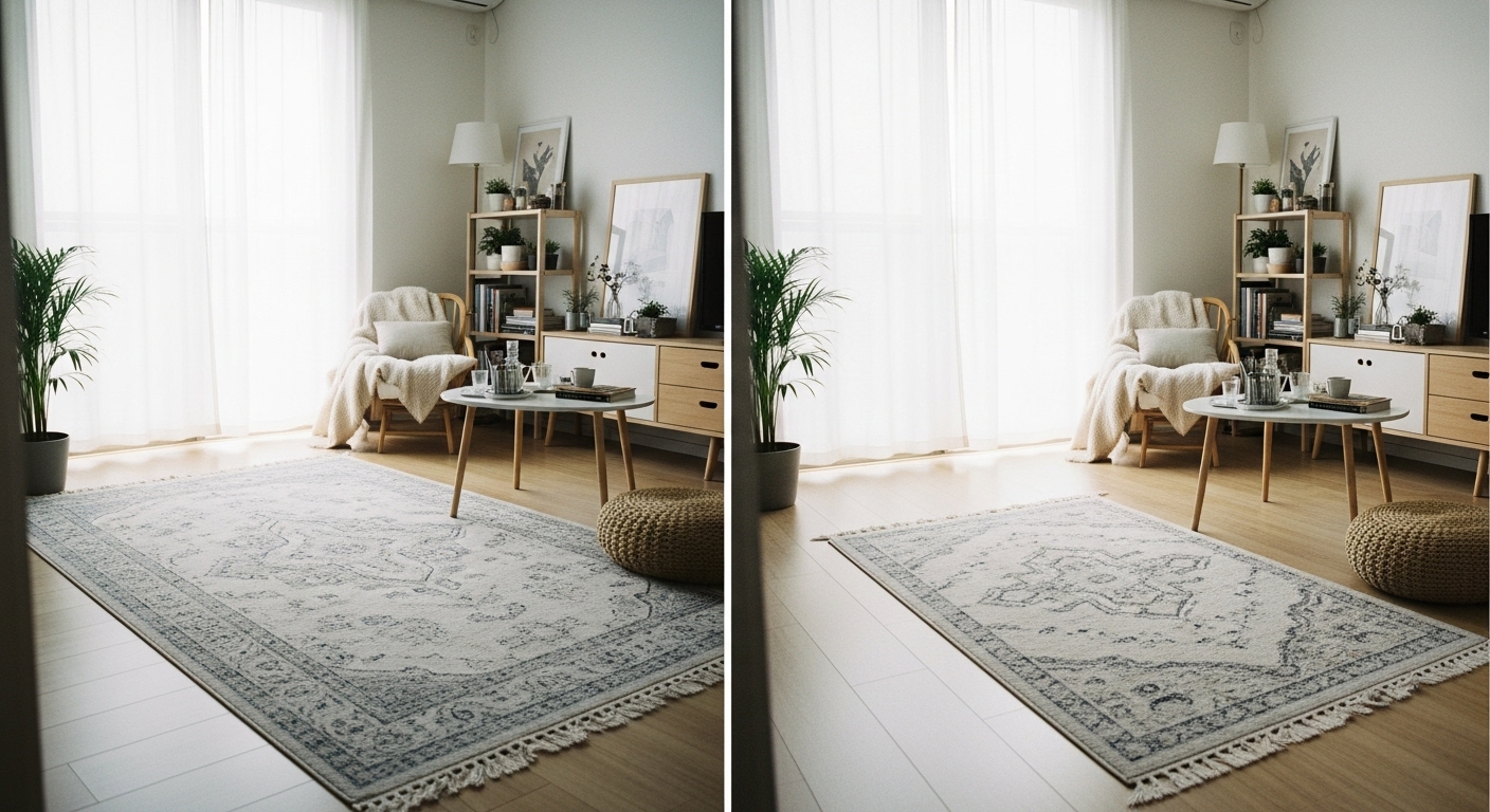 Interior photo showing two side-by-side rooms – one with a large full-coverage rug and one with a small rug exposing hardwood floor, reflecting personal rug preferences.