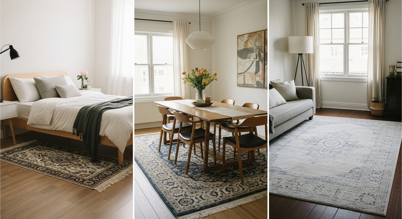 Visual comparison of different rug sizes in a dining area, bedroom, and living room to guide rug selection by room purpose.