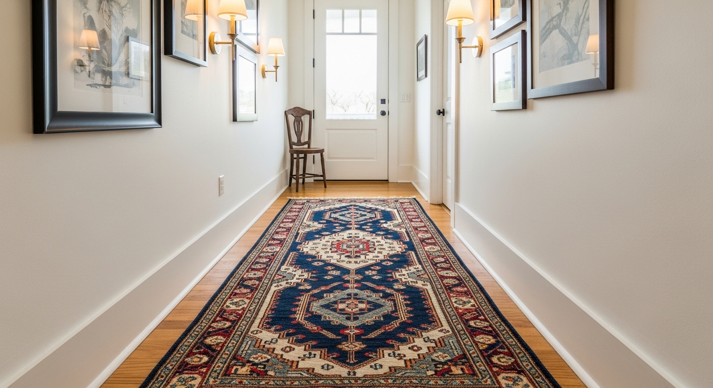 Elegant hallway with a long runner rug adding depth and texture to the walkway.

