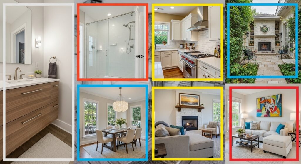 Visual representation of Home Haven Stories' content: bathroom ideas, kitchen designs, outdoor spaces, and small living room decor