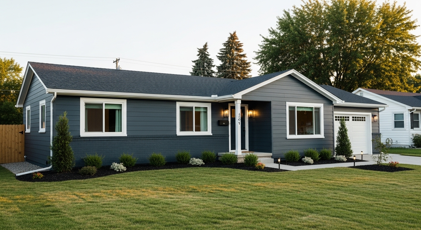 Ranch-style home with fresh coat of dark slate paint, modernized curb appeal with sleek exterior