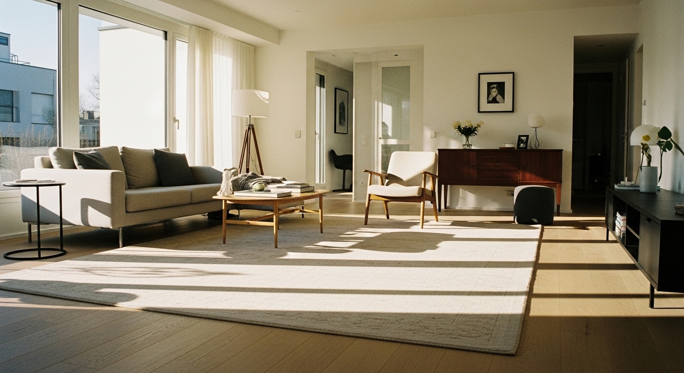 Modern spacious living room with a large area rug that fits the open space layout, styled for interior design inspiration