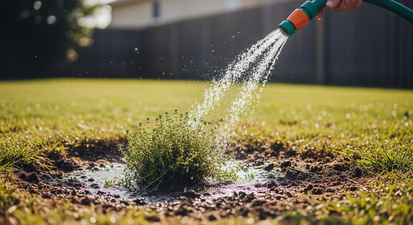 Garden hose soaking soil around newly planted creeping thyme, showing proper watering method for drought-tolerant plants