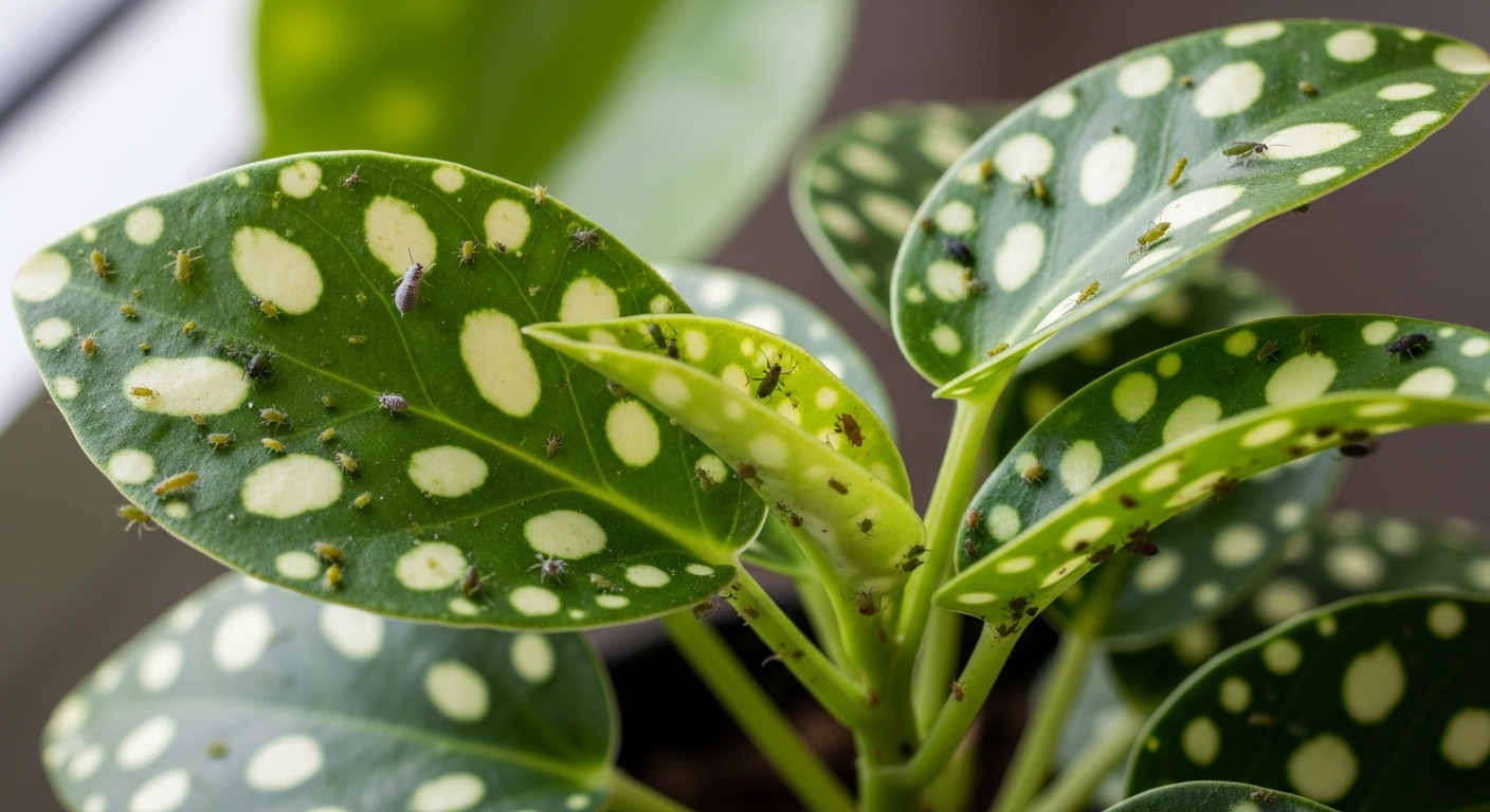 Macro shot of a polka dot plant leaf infested with tiny pests like aphids, spider mites, and mealybugs, showing visible damage

