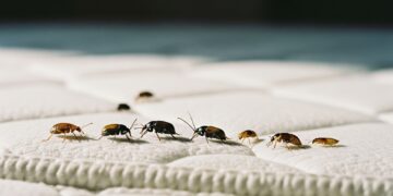Close-up photo of small insects on a mattress seam, including bed bug look-alikes like carpet beetles, bat bugs, and spider beetles.