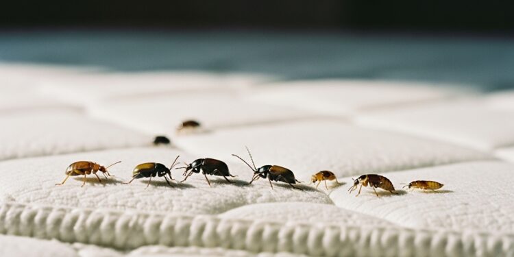 Close-up photo of small insects on a mattress seam, including bed bug look-alikes like carpet beetles, bat bugs, and spider beetles.